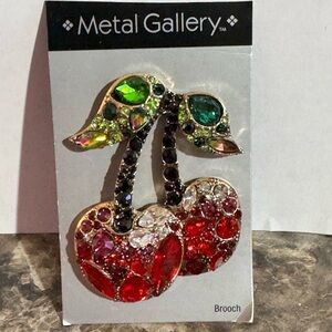 Metal Gallery Gold Tone Red Green White Rhinestones Double Cherry Brooch New